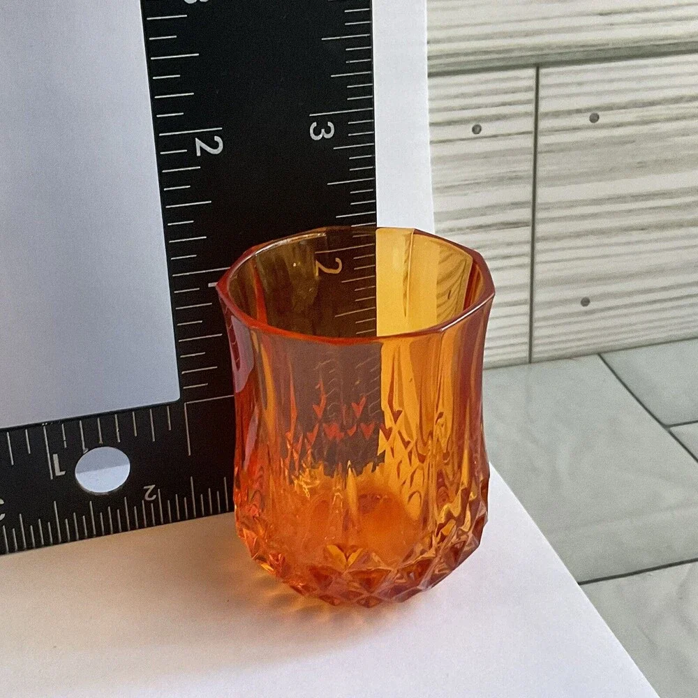 Vintage Diamond Point Faceted Shot Glasses Votive Cups Orange Black Set of 2 MCM